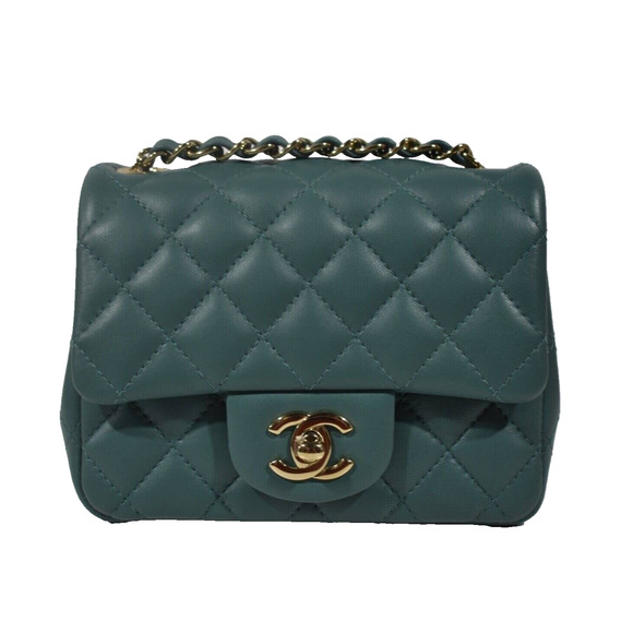 Chanel 21A Green Square Mini Flap CC Logo Quilted Gold Chain Crossbody Bag - Picture 1 of 9
